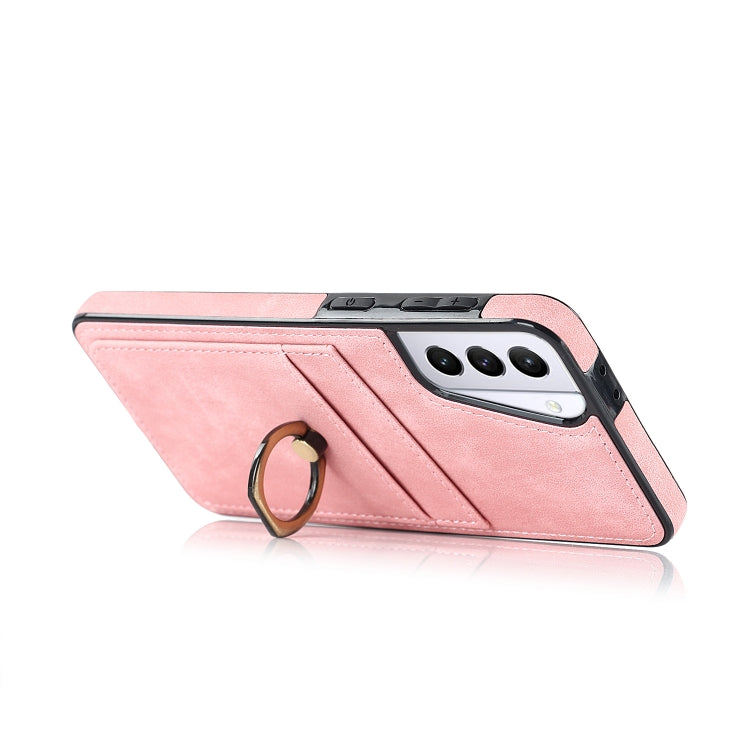 For Samsung Galaxy S21+ 5G Vintage Patch Leather Phone Case with Ring Holder