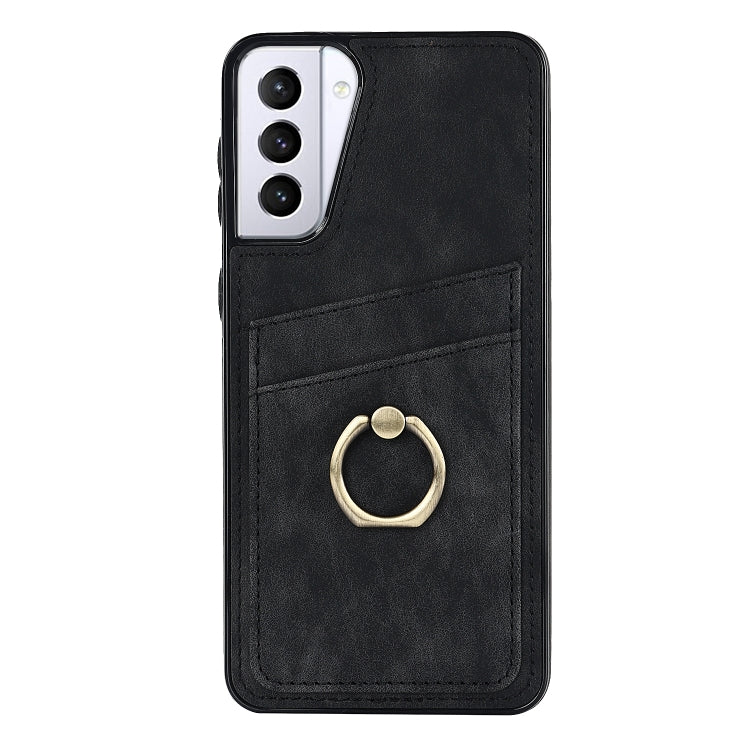 For Samsung Galaxy S21+ 5G Vintage Patch Leather Phone Case with Ring Holder