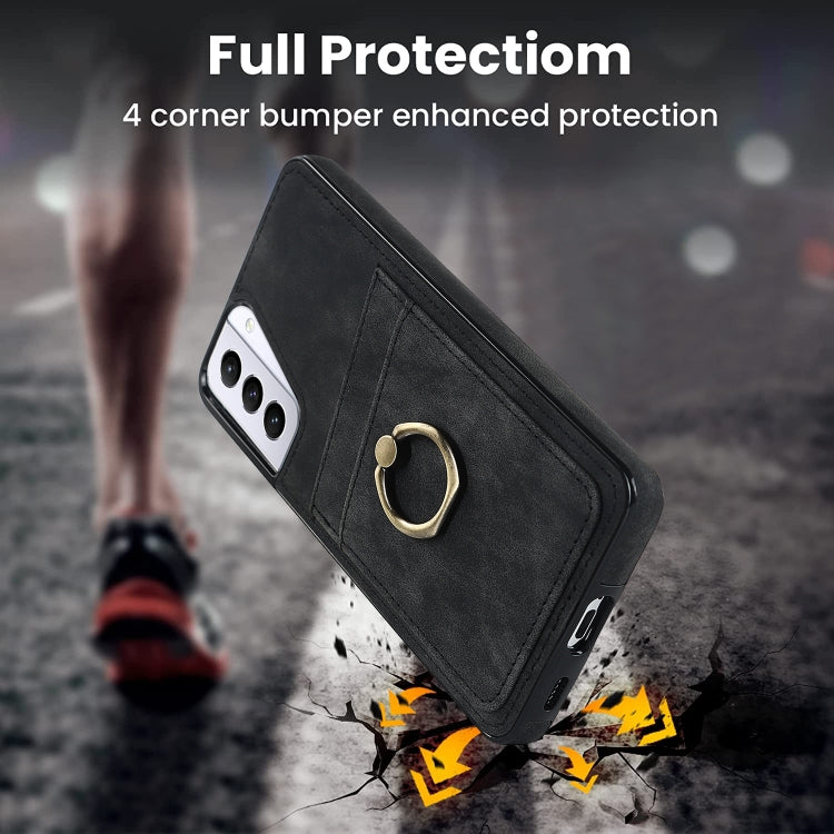 For Samsung Galaxy S21+ 5G Vintage Patch Leather Phone Case with Ring Holder