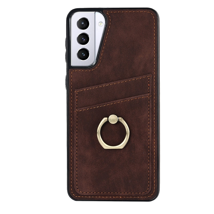 For Samsung Galaxy S21+ 5G Vintage Patch Leather Phone Case with Ring Holder