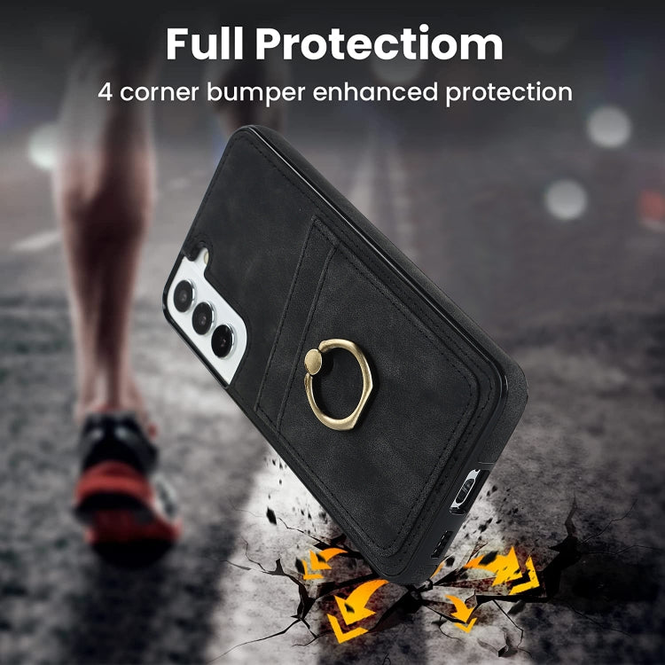 For Samsung Galaxy S22 5G Vintage Patch Leather Phone Case with Ring Holder