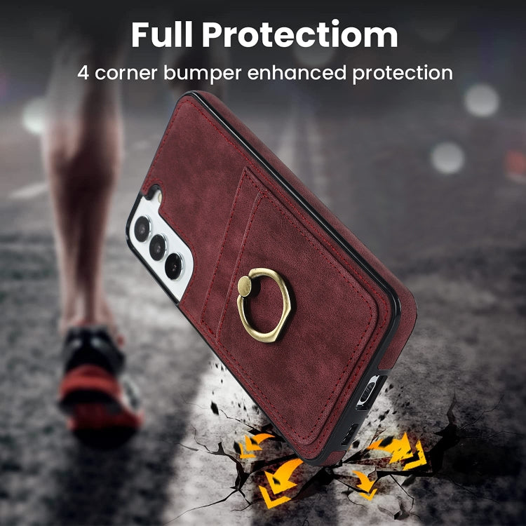 For Samsung Galaxy S22 5G Vintage Patch Leather Phone Case with Ring Holder
