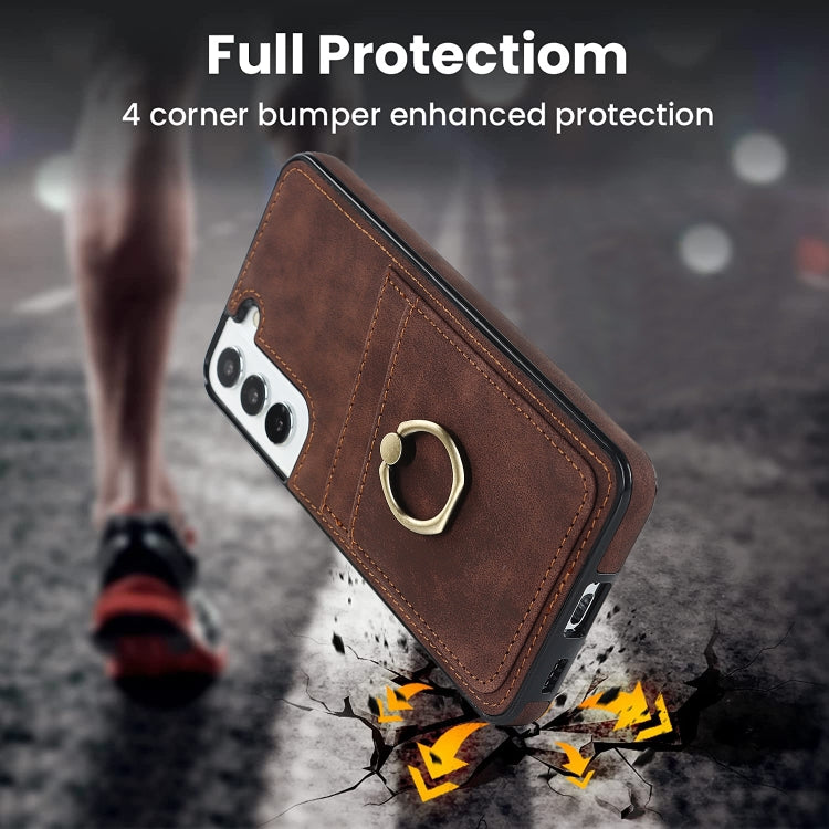 For Samsung Galaxy S22 5G Vintage Patch Leather Phone Case with Ring Holder