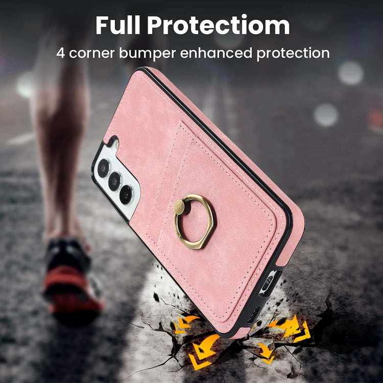 For Samsung Galaxy S22+ 5G Vintage Patch Leather Phone Case with Ring Holder