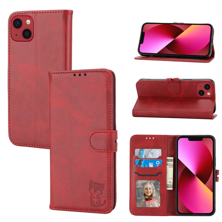 For iPhone 14 Embossed Happy Cat Pattern Flip Leather Phone Case