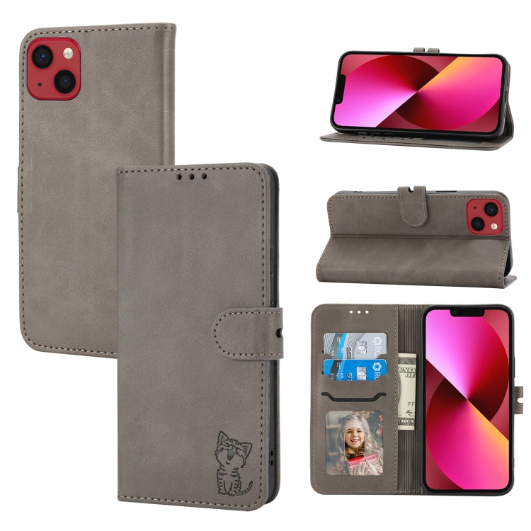 For iPhone 14 Embossed Happy Cat Pattern Flip Leather Phone Case