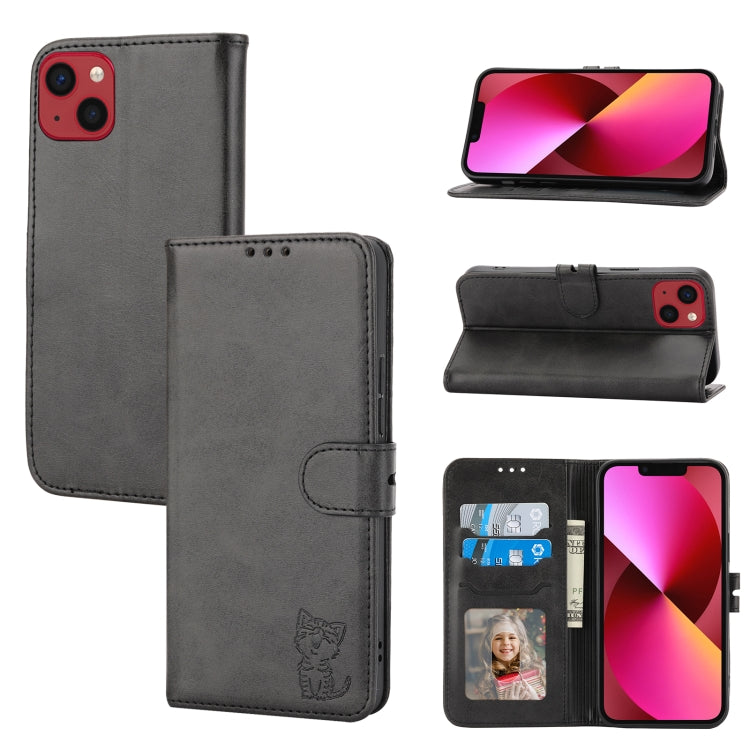 For iPhone 14 Embossed Happy Cat Pattern Flip Leather Phone Case