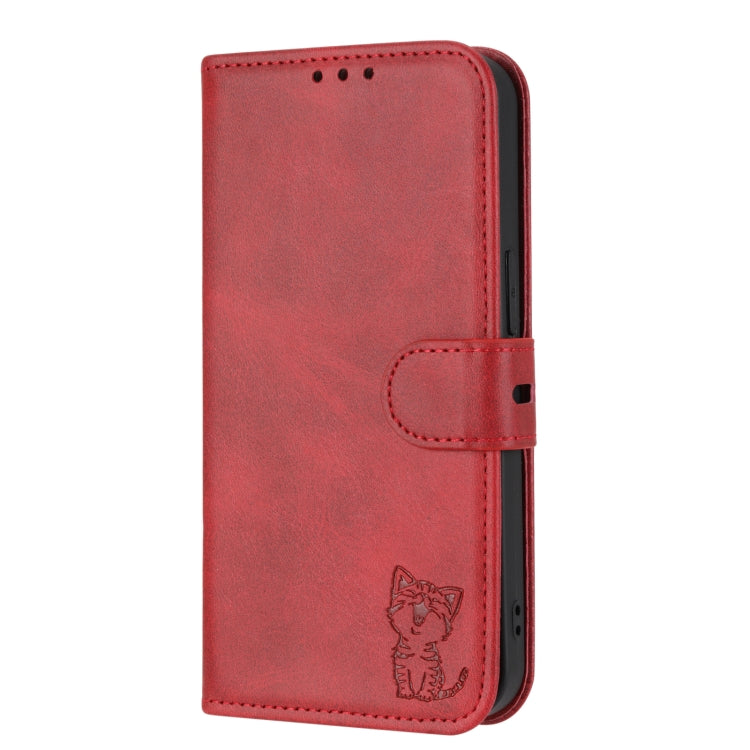 For iPhone 14 Plus Embossed Happy Cat Pattern Flip Leather Phone Case