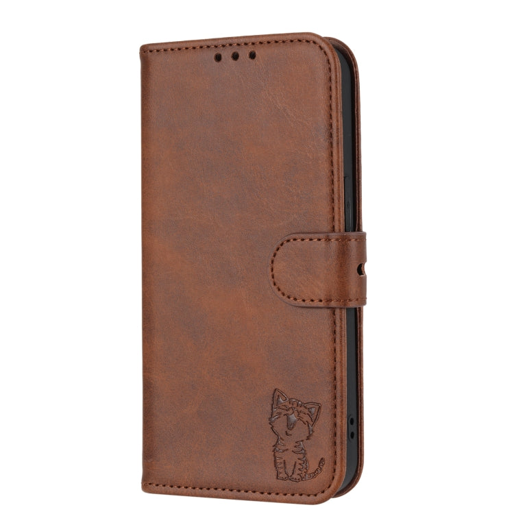 For iPhone 14 Plus Embossed Happy Cat Pattern Flip Leather Phone Case