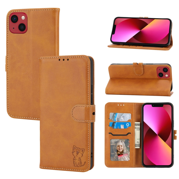 For iPhone 14 Plus Embossed Happy Cat Pattern Flip Leather Phone Case