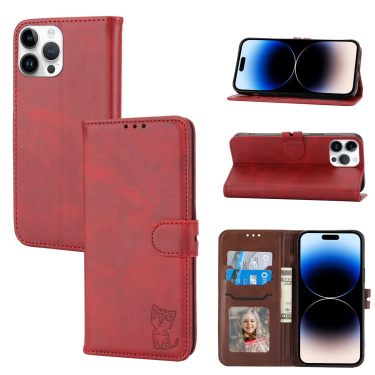 For iPhone 14 Pro Embossed Happy Cat Pattern Flip Leather Phone Case