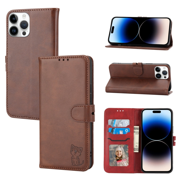 For iPhone 14 Pro Embossed Happy Cat Pattern Flip Leather Phone Case