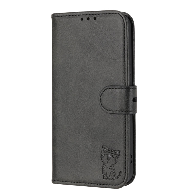 For iPhone 14 Pro Embossed Happy Cat Pattern Flip Leather Phone Case