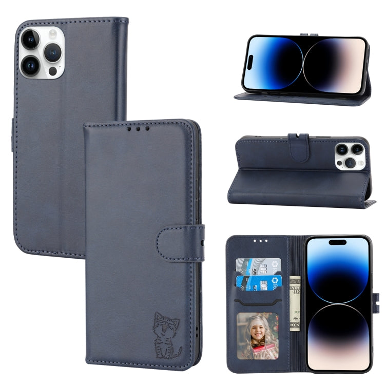 For iPhone 14 Pro Max Embossed Happy Cat Pattern Flip Leather Phone Case