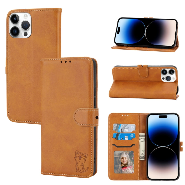 For iPhone 14 Pro Max Embossed Happy Cat Pattern Flip Leather Phone Case