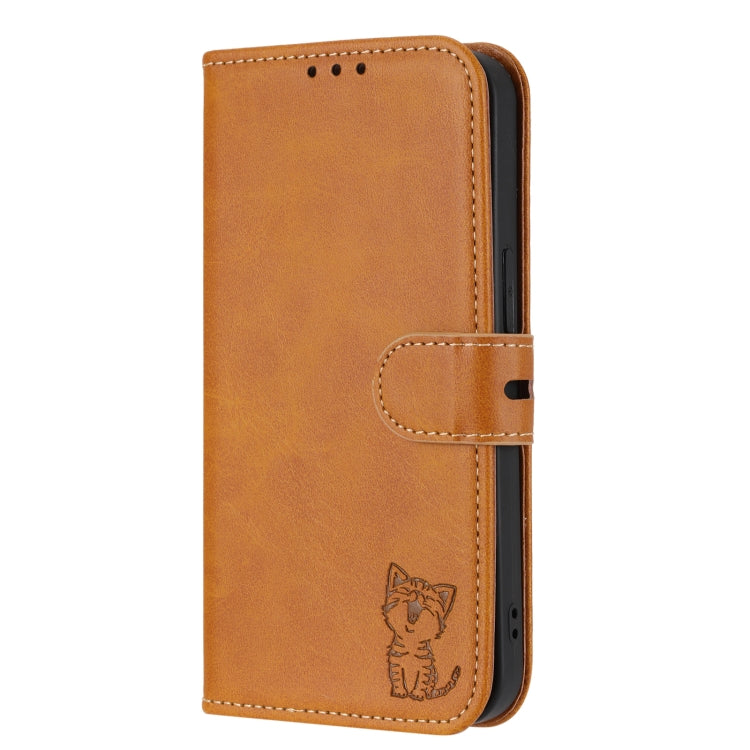 For iPhone 14 Pro Max Embossed Happy Cat Pattern Flip Leather Phone Case