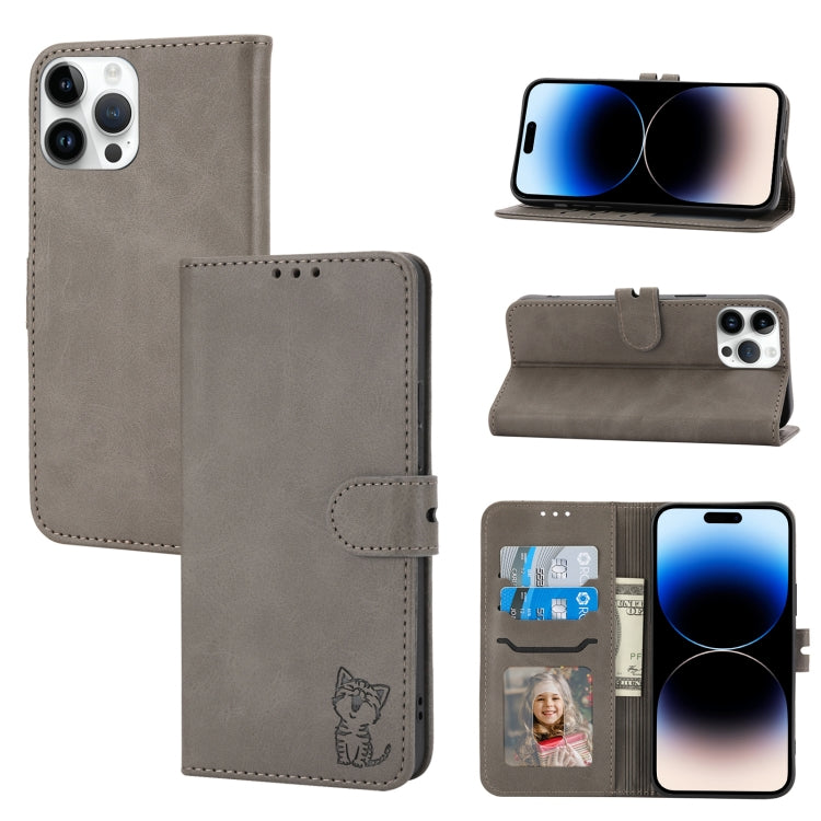 For iPhone 14 Pro Max Embossed Happy Cat Pattern Flip Leather Phone Case