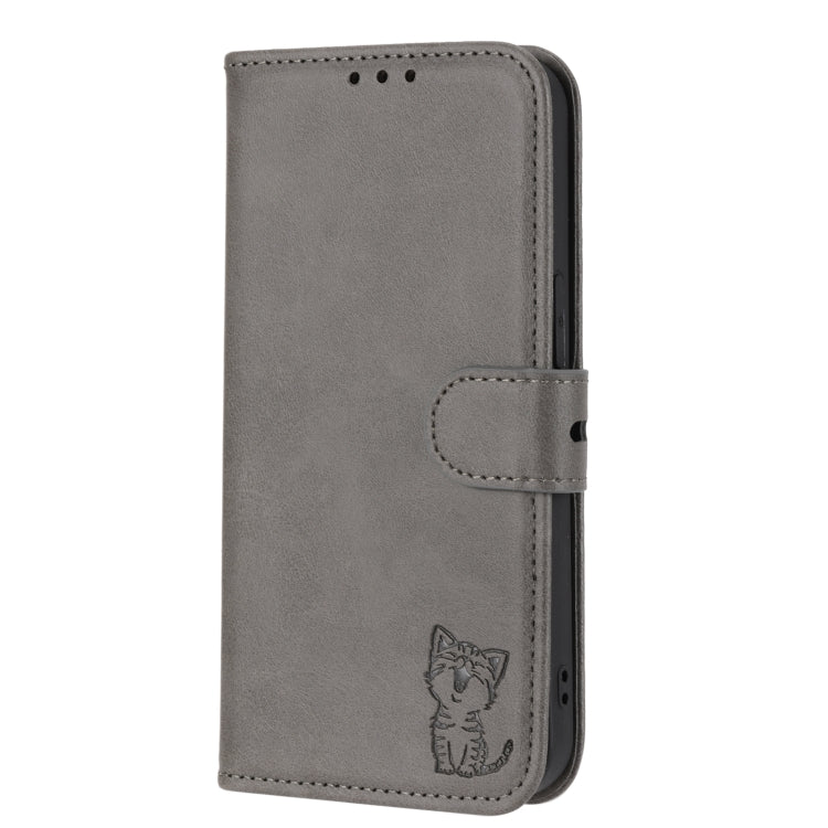 For iPhone 14 Pro Max Embossed Happy Cat Pattern Flip Leather Phone Case