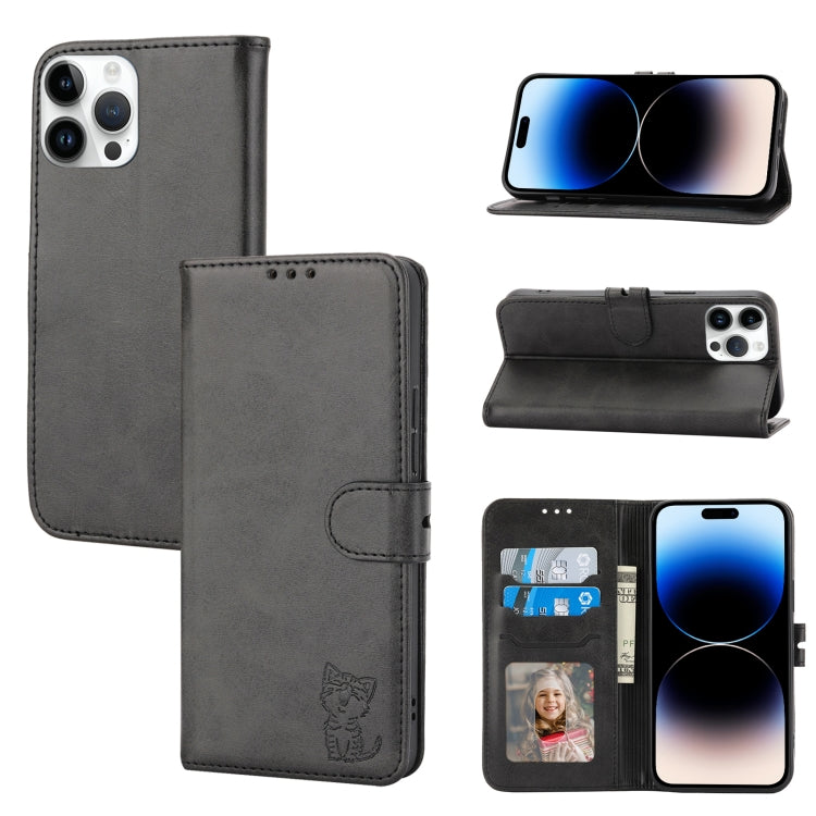 For iPhone 14 Pro Max Embossed Happy Cat Pattern Flip Leather Phone Case