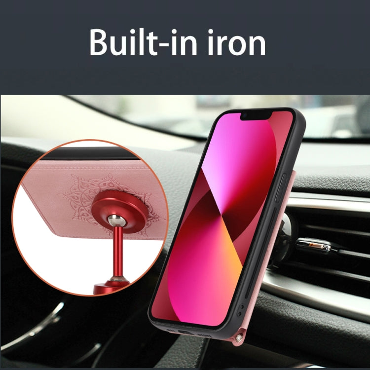 For iPhone 14 Mandala Embossed Card Slots PU+TPU Phone Case