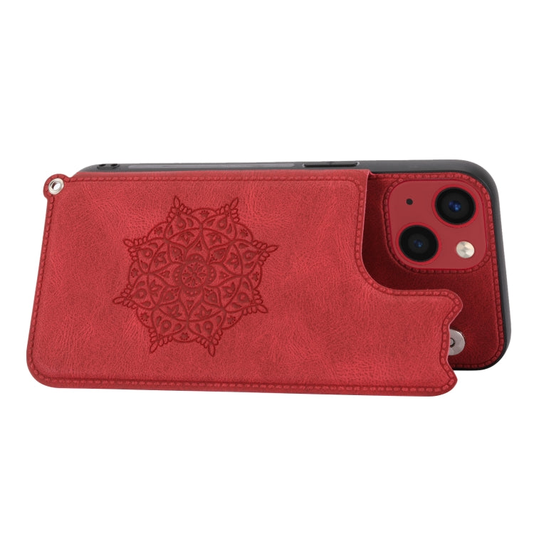 For iPhone 14 Plus Mandala Embossed Card Slots PU+TPU Phone Case