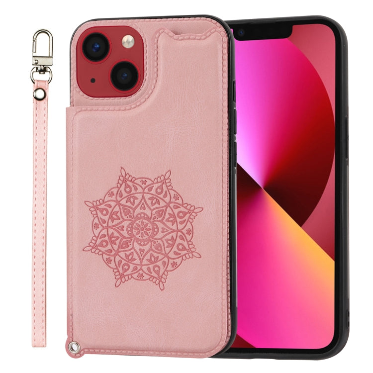For iPhone 14 Plus Mandala Embossed Card Slots PU+TPU Phone Case