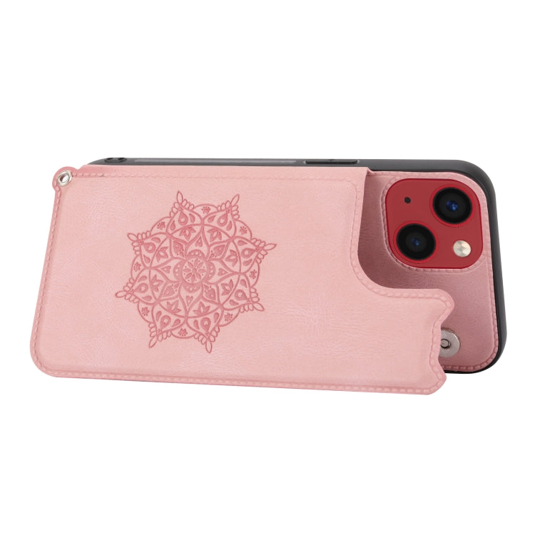 For iPhone 14 Plus Mandala Embossed Card Slots PU+TPU Phone Case