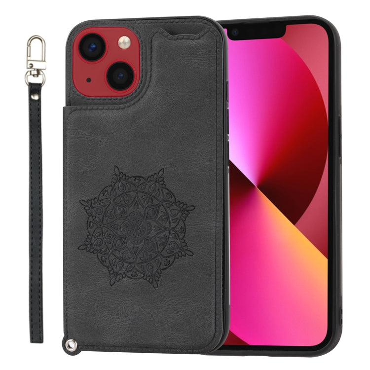For iPhone 14 Plus Mandala Embossed Card Slots PU+TPU Phone Case