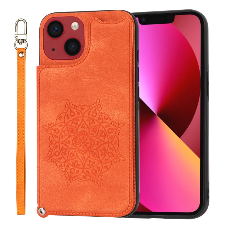 For iPhone 14 Plus Mandala Embossed Card Slots PU+TPU Phone Case