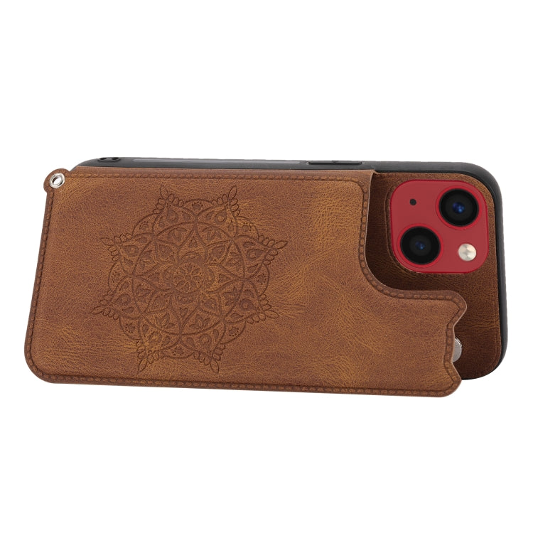 For iPhone 14 Plus Mandala Embossed Card Slots PU+TPU Phone Case
