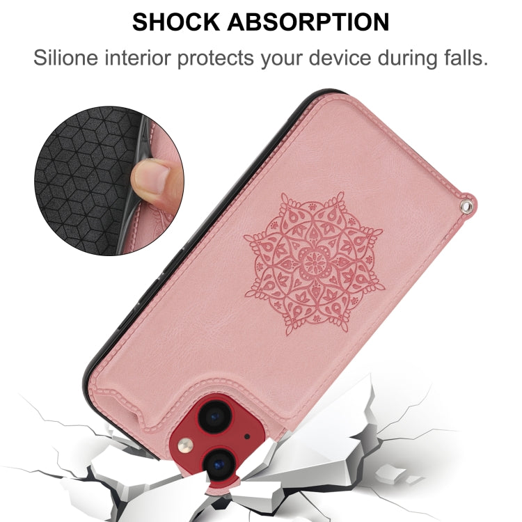 For iPhone 14 Plus Mandala Embossed Card Slots PU+TPU Phone Case