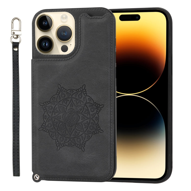 For iPhone 14 Pro Mandala Embossed Card Slots PU+TPU Phone Case