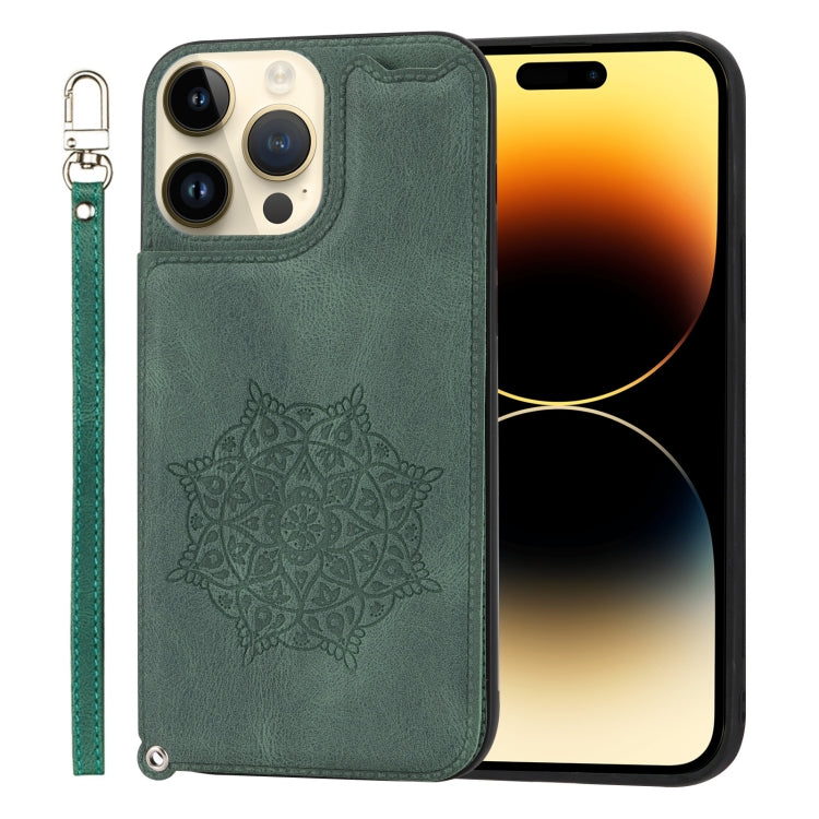 For iPhone 14 Pro Mandala Embossed Card Slots PU+TPU Phone Case