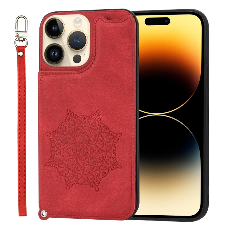 For iPhone 14 Pro Max Mandala Embossed Card Slots PU+TPU Phone Case