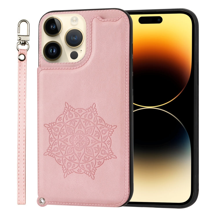 For iPhone 14 Pro Max Mandala Embossed Card Slots PU+TPU Phone Case