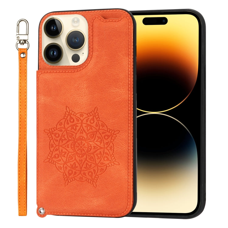 For iPhone 14 Pro Max Mandala Embossed Card Slots PU+TPU Phone Case