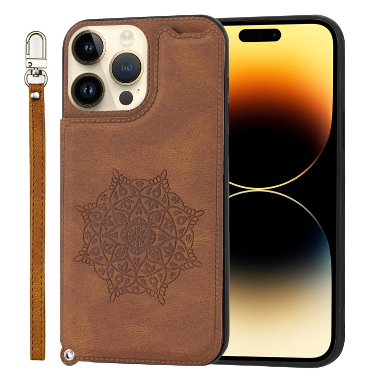 For iPhone 14 Pro Max Mandala Embossed Card Slots PU+TPU Phone Case