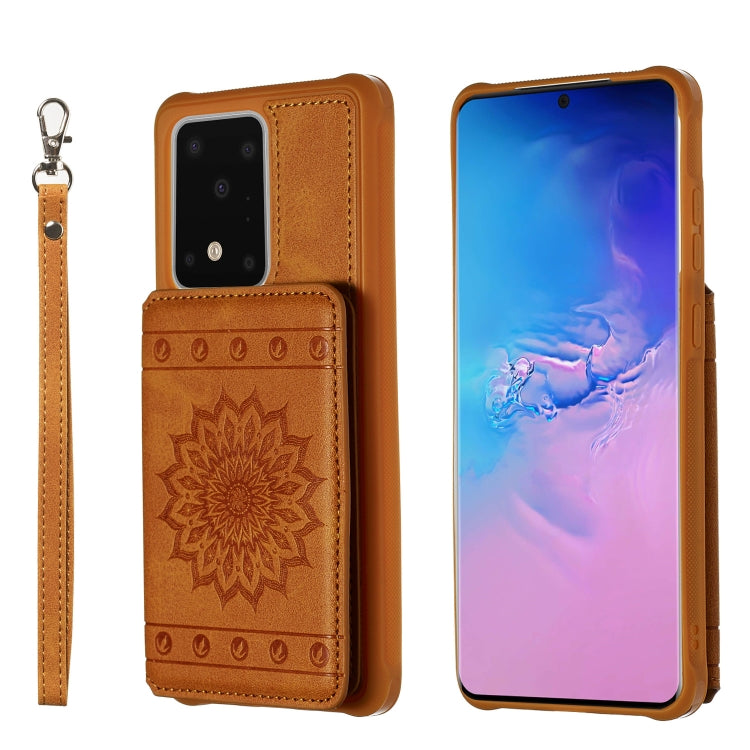 For Galaxy S20 Ultra Sun Flower Pattern Embossed Horizontal Drop-proof Mobile Phone Case with Card Slots & Wallet & Photo Holder & Stand Function