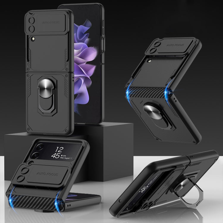 For Samsung Galaxy Z Flip4 GKK Carbon Brazing Pattern Shockproof Armor PC Phone Case with Ring Holder