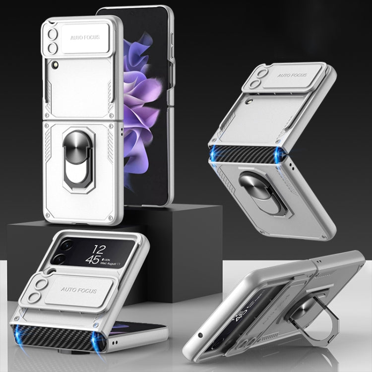 For Samsung Galaxy Z Flip4 GKK Carbon Brazing Pattern Shockproof Armor PC Phone Case with Ring Holder