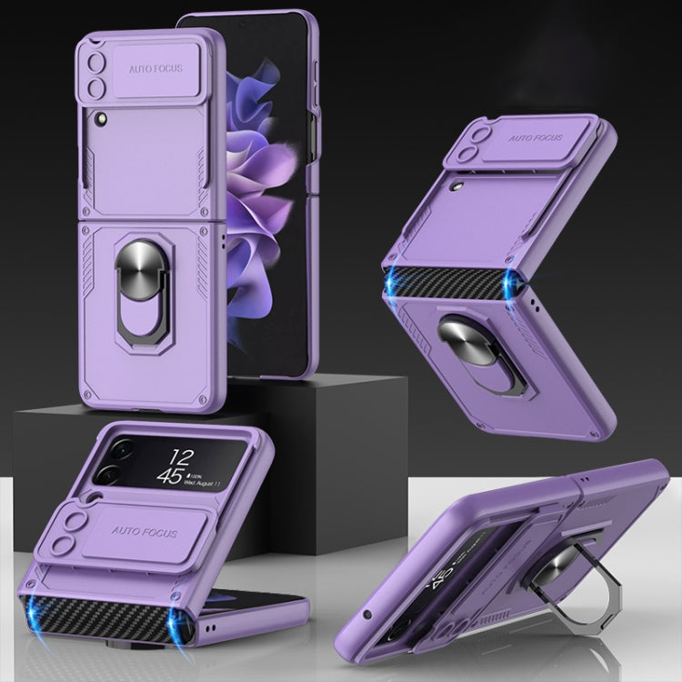 For Samsung Galaxy Z Flip4 GKK Carbon Brazing Pattern Shockproof Armor PC Phone Case with Ring Holder