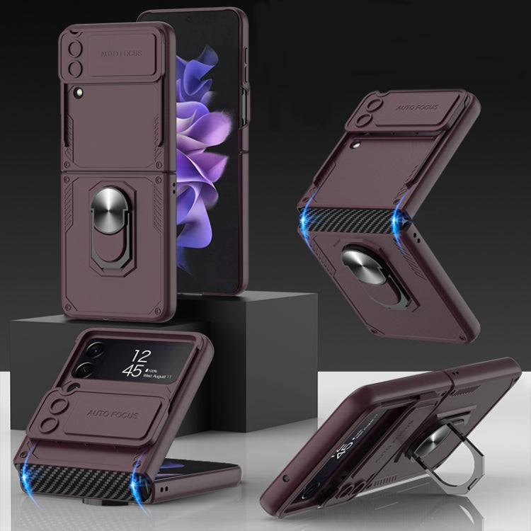 For Samsung Galaxy Z Flip4 GKK Carbon Brazing Pattern Shockproof Armor PC Phone Case with Ring Holder