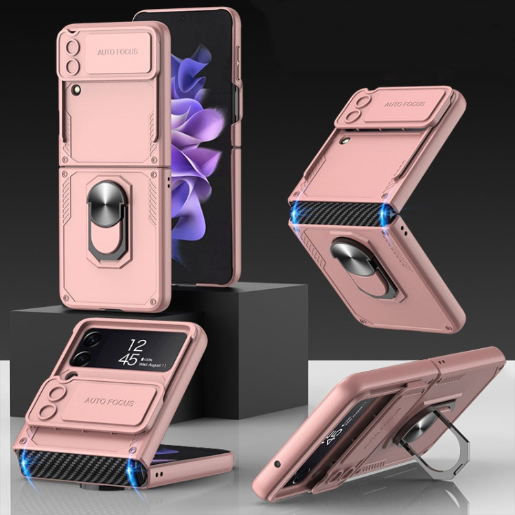 For Samsung Galaxy Z Flip4 GKK Carbon Brazing Pattern Shockproof Armor PC Phone Case with Ring Holder