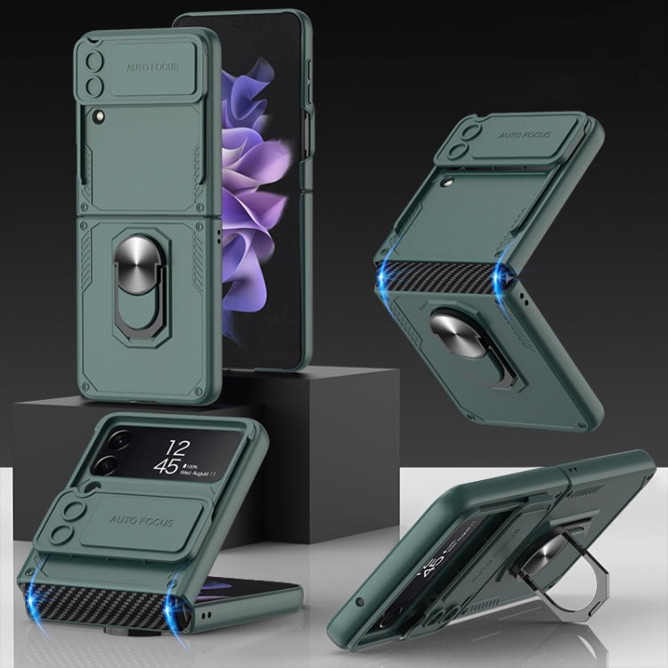 For Samsung Galaxy Z Flip4 GKK Carbon Brazing Pattern Shockproof Armor PC Phone Case with Ring Holder
