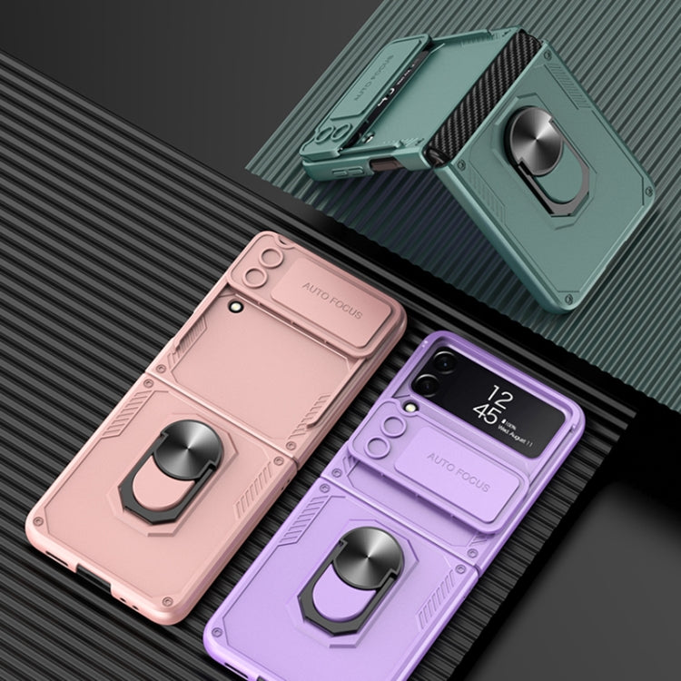 For Samsung Galaxy Z Flip4 GKK Carbon Brazing Pattern Shockproof Armor PC Phone Case with Ring Holder