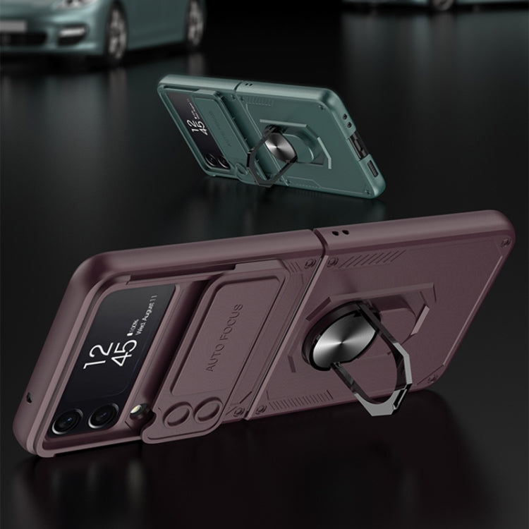 For Samsung Galaxy Z Flip4 GKK Carbon Brazing Pattern Shockproof Armor PC Phone Case with Ring Holder