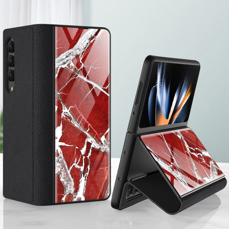 For Samsung Galaxy Z Fold4 GKK Marble Pattern Electroplating Tempered Glass Leather Case