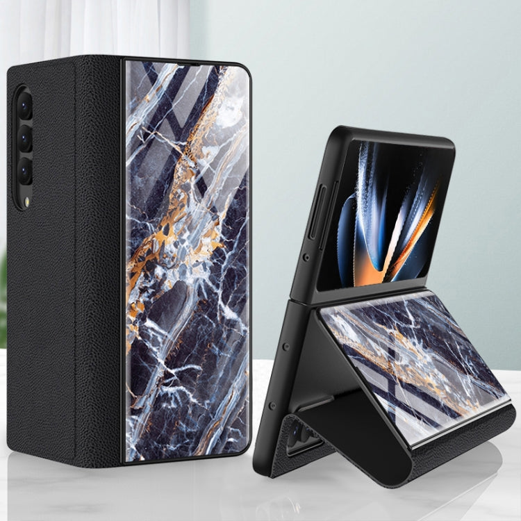 For Samsung Galaxy Z Fold4 GKK Marble Pattern Electroplating Tempered Glass Leather Case