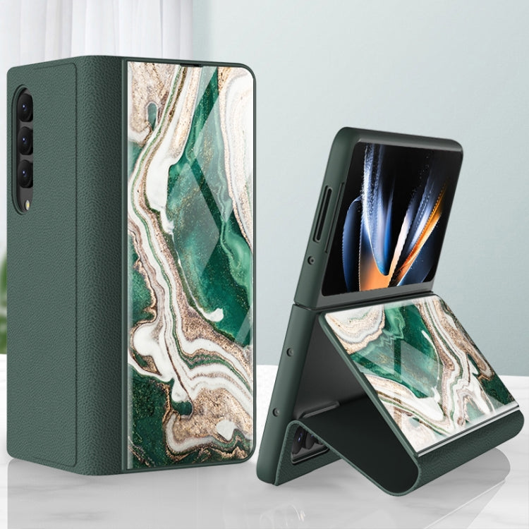 For Samsung Galaxy Z Fold4 GKK Marble Pattern Electroplating Tempered Glass Leather Case