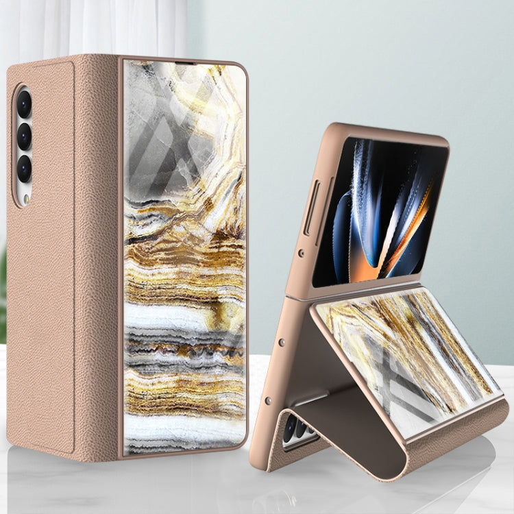 For Samsung Galaxy Z Fold4 GKK Marble Pattern Electroplating Tempered Glass Leather Case